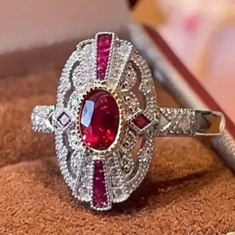 Women's Vintage Inlay Oval Red Synthetic Zirconia Ring
